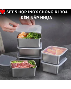 Set 5 Hộp Inox Đựng Thực Phẩm,Đựng Đồ Ăn,Gia Vị Trong Tủ Lạnh Có Nắp Nhựa Kèm Theo,Bền Và Sạch Sẽ