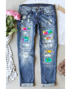 Distressed Tie Dye Jeans with Ripped Styling