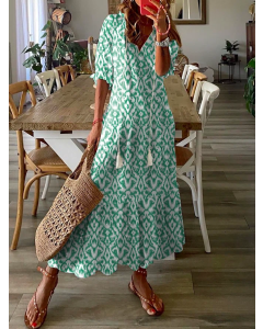 Floral V Neck Women's Maxi Dress with Half Sleeves