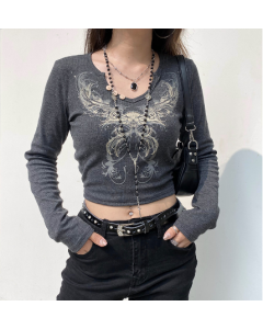 Autumn Retro Long-Sleeved Top: Hot Diamond Print for Women