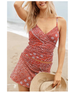 Red Ruched Tankini Set with a Romantic Touch.