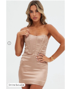 Beige Mini Dress Strapless Corset Detail Satin