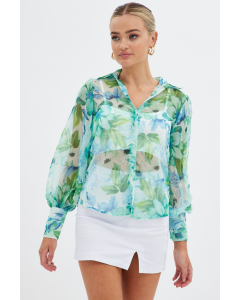 Green Floral Long Sleeve Shirt Chiffon Collared