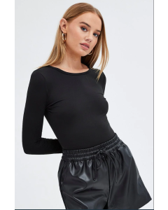 Fleece-Lined Long Sleeve Crew Neck Top in Black