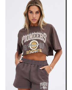 Short Sleeve Crop Top with Brown Graphic Design