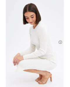 Brown Midi Dress Long Sleeve Round Neck Rib Knitted