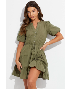 Green Shirt Dress Short Sleeve V-Neck Tiered