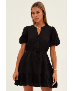 Black Shirt Dress Short Sleeve V-Neck Tiered