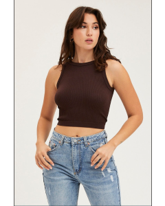 Seamless Crew Neck Brown Tank Top in 10 Words: Brown Tank Top with Seamless Crew Neck Design