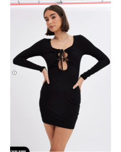Black Dress Long Sleeve Cut Out Details Bodycon Rib
