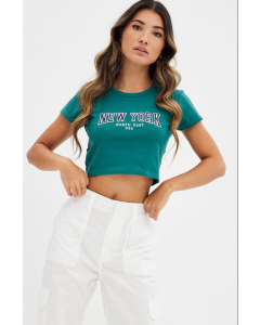 Crop Round Neck Baby Tee in Green, Short Sleeved