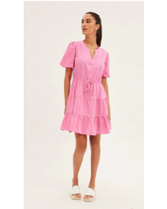 Pink Shirt Dress Short Sleeve V-Neck Tiered