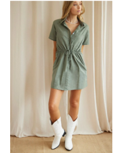Green Shirt Dress Pocket Short Sleeve Button Front