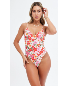 Red Tie Back One Piece Swimsuit with Floral Pattern