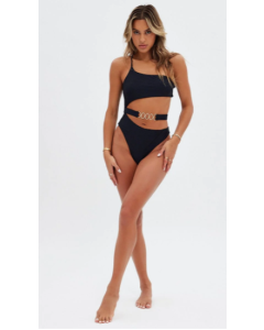 One Shoulder Cut Out Black Swimsuit with Elegant Design