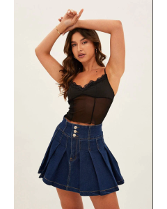 Blue Mid Rise Pleated Denim Mini Skirt