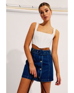 Blue Mini Skirt High Waisted Belted Button Front Denim