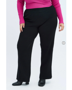 Black Knit Pants Rib Wide Leg Elastic Waist Full Length