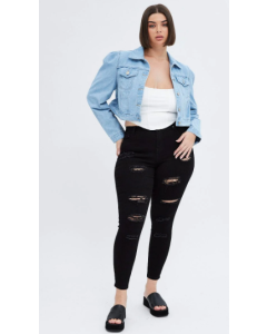 Denim Jacket Puff Sleeve Cropped Fitted
