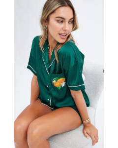 Satin Pyjama Set with Green Color and Button Detail.