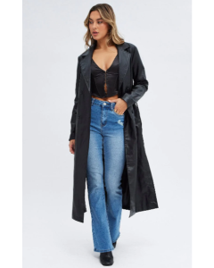 Long-Sleeved Faux Leather Black Trench Coat