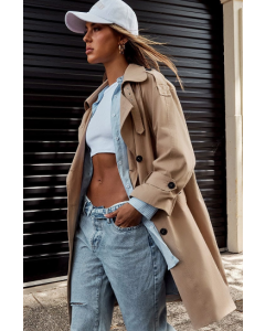 Beige Longline Trench Coat With Tie