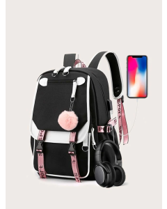Fashionable Black and Pink Canvas USB School Bag for Girls