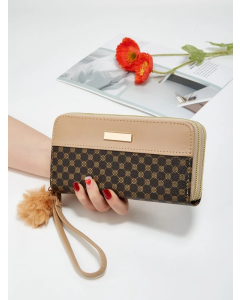 Long Wallet with Geometric Pattern and Pompom Decoration