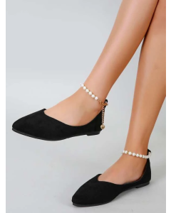 Pointed Toe Ballet Flats with Beaded Faux Pearl Design