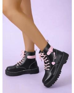 Combat Boots with Star and Heart Decor and Lace-up Front