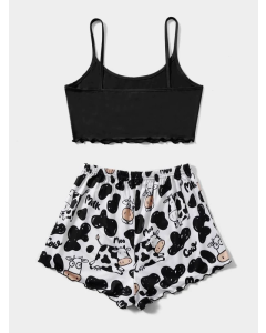 Cute Cow Print Cami PJ Set with Lettuce Trim