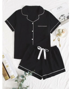 Color-blocked Tie-Front Pajama Set with Lapel