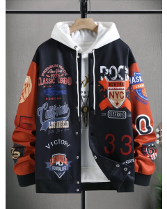 Colorblock Bomber Jacket with Letter Graphic for Men