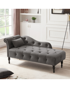 Aijia 60.6" Velvet Chaise Lounge Buttons Tufted Nailhead Trimmed Solid Wood Legs with 1 Pillow,Grey (Left Arm Design as Shown in the Picture)