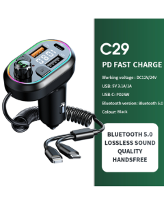 Car Bluetooth 5.0 FM Transmitter Wireless Audio Receiver Car MP3 Player 25W PD Fast Charge With Apple Type-C Port Charging Cable