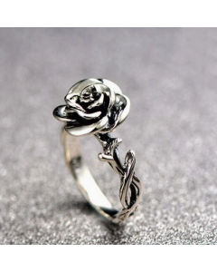 Elegant Carved Rose Flower Ring: Cute Antique Silver Jewelry