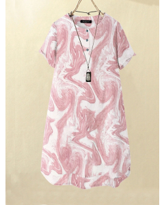 Buttoned Short Sleeve Midi Dress with Leisure Wave Pattern Print