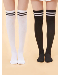 2pairs Striped Over The Knee Black & White Socks