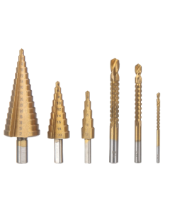 6PCs HSS Step Drill Bit Sets Straight Titanium Coated Cone Hole Cutter Automatic Center Punch Spiral Twist Saw Drill Bit