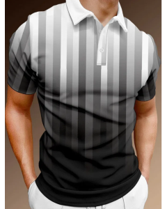 Men's Lapel Stripe Gradient Print Casual POLO Shirt