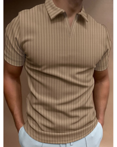 Solid Color Striped Short-Sleeved V-Neck Pullover Polo Shirt