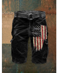 Men's Vintage American Flag Print Casual Cargo Shorts