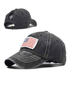 Distressed Denim Independence Day Flag Print Ponytail Ripped Cap