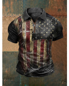 Men's Vintage American Flag Print Zip Lapel T-Shirt