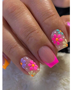 Transform Your Nails With 24pcs Short Square Flower Pattern Full Cover Fake Nail Kit