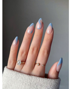 Upgrade Your Look with 24pcs Long Almond, blue France&Simple stripe false Nail, Semi-Transparent & Fit Perfectly, Reusable Nail Kit