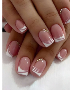 Get Glamorous with 24pcs Short Square White French Lines 3D Rhinestone Decor Fake Nail & 1sheet Tape & 1pc Nail File