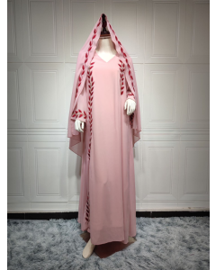 AB216 Middle East fashion street summer chiffon long Muslim embroidered pink round neck dress with hijab
