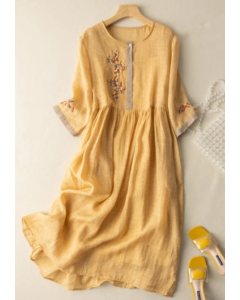 Cotton and linen ethnic style embroidered dress