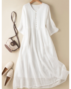 Women's Literary Retro V-neck Solid Color Mid-sleeved Dress